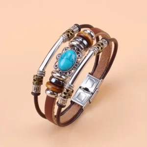 Bandje bruin met blauw ovale steen