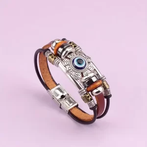 Bandje bruin met blauw boze oog steen