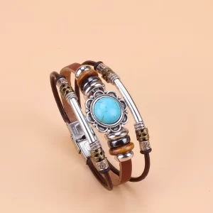 Bandje bruin met blauw ronde steen
