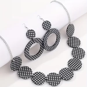 Set ketting met oorbellen zwart wit polkadot